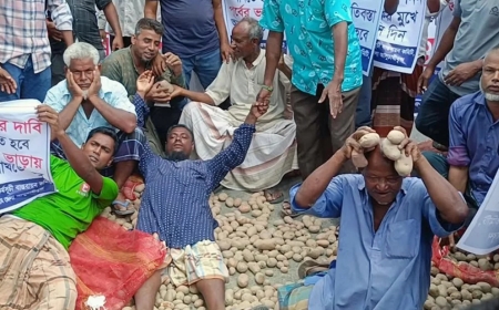 হিমাগার ভাড়া বৃদ্ধির প্রতিবাদে আলু ফেলে মহাসড়ক অবরোধ চাষি-ব্যবসায়ীদের