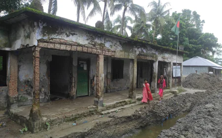 গলাচিপায় ঘেরের পানি সরাতে স্কুলের মাঠ ও রাস্তা কেটে ফেললেন ইউপি সদস্য।