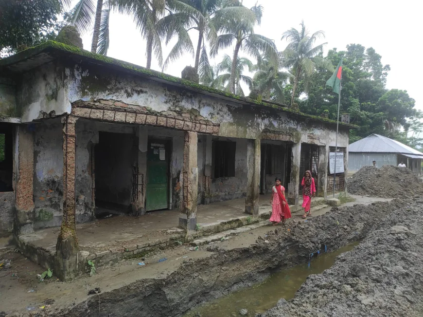 গলাচিপায় ঘেরের পানি সরাতে স্কুলের মাঠ ও রাস্তা কেটে ফেললেন ইউপি সদস্য।